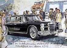 Große Premiere: Der „große“ Mercedes-Benz Typ 600 debütiert auf der IAA 1963. Der Marke lässt das vom bekannten Grafiker Heinz Liska illustrieren.